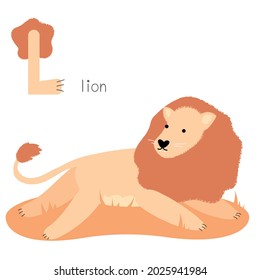 Animals alphabet. L for lion. Flat vector illustration on white background. Funny cartoon animal. Kids abc education. Learning English vocabulary. Zoo alphabet flash card