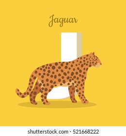 Animals Alphabet. Letter - J. Spotted Jaguar Near Letter. Alphabet Learning Chart With Animal Illustration For Letter And Animal Name. Vector Zoo Alphabet With Cartoon Animal On Orange Background