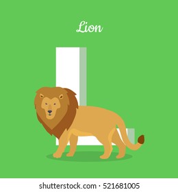 Animals alphabet. Letter - L. Brown lion stands near letter. Alphabet learning chart with animal illustration for letter and animal name. Vector zoo alphabet with cartoon animal on green background