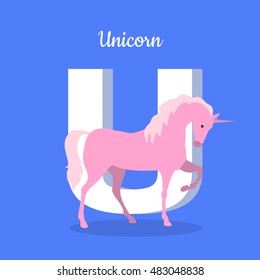 Animals alphabet. Letter - U. Pink unicorn stands near letter. Alphabet learning chart with fantastic character for letter and name. Vector fantastic alphabet with cartoon character on blue background