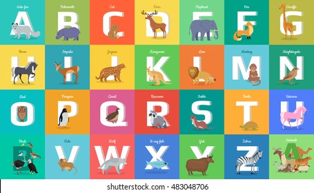 Animals alphabet. Letter from A to Z. Various animals stands or sits near letter. Alphabet learning chart with animals illustration for letter and animal name. Vector zoo alphabet with cartoon animals