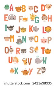 Animals alphabet poster for kids. Fun kawaii animal characters and letters. Cute zoo ABC learning placard. School visual aids for elementary education. Vector illustration. Cartoon children alphabet.