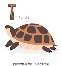 Alfabeto de animales. T para la tortuga. Ilustración vectorial plana sobre fondo blanco. Un divertido animal de dibujos animados. Los niños no reciben educación. Aprendiendo vocabulario inglés. Tarjeta flash del alfabeto zoológico
