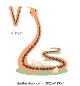 Animals alphabet. V for viper. Flat vector illustration on white background. Funny cartoon animal. Kids abc education. Learning English vocabulary. Zoo alphabet flash card