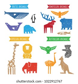 Animals of America, Arctica, Africa and Australia. Vector silhouette of a kangaroo, koala, owl, ostrich, giraffe, lion, elephant, eagle, bear, elk, fish, seal, whale, penguin.