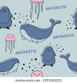 Animals of the Antarctic, cute personages and characters. Whale and penguin, jellyfish with smile. Antarctica wilderness. Seamless pattern, wallpaper print or background. Vector in flat style