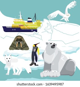 Animals of Antarctica and the Arctic. South and North poles. Arctic illustration