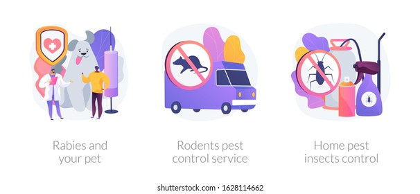Animals antirabic vaccinations. House disinfection equipment. Rabies and your pet, rodents pest control service, home pest insects control metaphors. Vector isolated concept metaphor illustrations