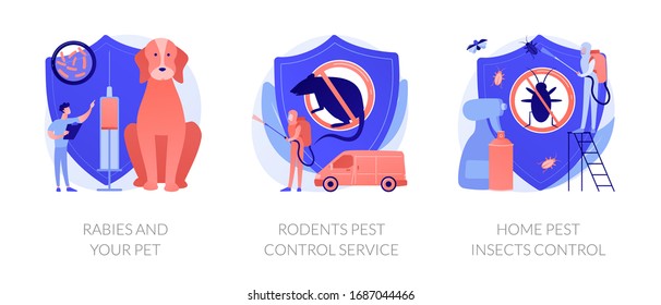 Animals antirabic vaccinations. House disinfection equipment. Rabies and your pet, rodents pest control service, home pest insects control metaphors. Vector isolated concept metaphor illustrations