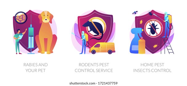 Animals antirabic vaccinations. House disinfection equipment. Rabies and your pet, rodents pest control service, home pest insects control metaphors. Vector isolated concept metaphor illustrations