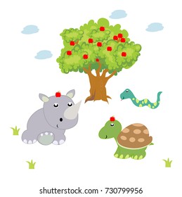 animals at the apple tree. vector cartoon illustration