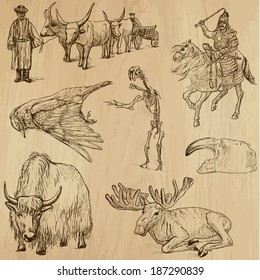 Animals around the World (set no. 15) - Collection of an hand drawn illustrations. Description: Each drawing comprise of two layer of outlines, colored background is isolated.