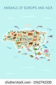 Animals of Asia and  Europe map: panda, crocodile, tiger, camel, bear, leopard, snow leopard, elephant, lion, cheetah, turtle, hedgehog, bear, wolf, fox, beaver, deer, elk. Flat cartoon.