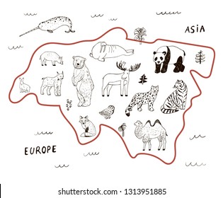 Animals of Asia and Europe vector illustrations line hand drawn set