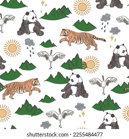 Animals asian tiger, panda bear vector seamless pattern.