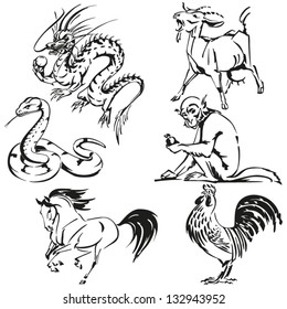 Animals of asian zodiac Six brush-drawing based  illustrations showing animal of asian horoscope