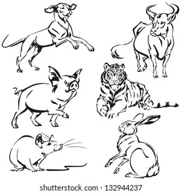 Animals of asian zodiac Six brush-drawing based  illustrations showing animal of asian horoscope