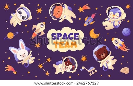 Animals astronaut, space team in galaxy, with moon stars and rockets. Cute panda, fox, cat, dog in spacesuits flying in open space. Vector wallpaper cartoon style illustration.