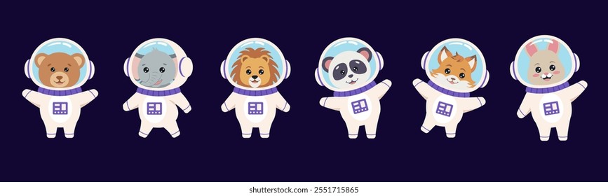 Animales astronautas: oso, panda, león, zorro, conejo, elefante. Concepto de espacio.