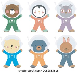 Animals astronauts. Space team cute animal in space suits, starry universe with cosmonauts for childrens print flyer vector characters set. Bear, dog, owl, cat, rabbit and penguin.