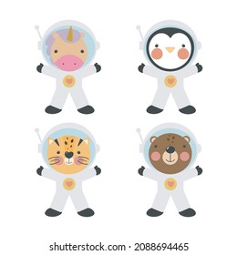 Animals astronauts. Space team cute animal in space suits. Bear, unicorn, tiger, penguin. For kids stuff, card, posters, banners, children books and print for clothes, t shirt, icons, avatars.