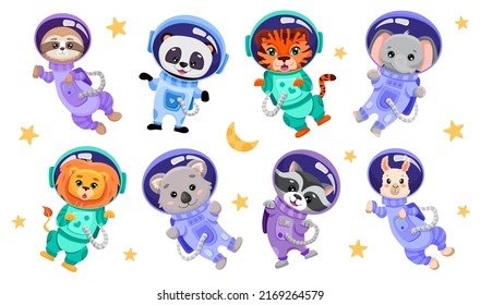 Animals astronauts in suits. Space team with different cute animals tiger panda lion koala alpaca sloth and elephant for children print design. Vector Cartoon illustration for kids