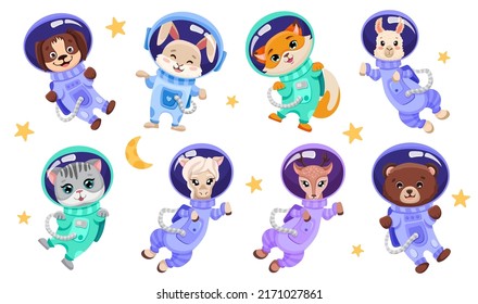 Animals astronauts in suits. Space team with different cute animals dog rabbit fox alpaca cat horse deer and bear for children print design. Vector Cartoon illustration for kids