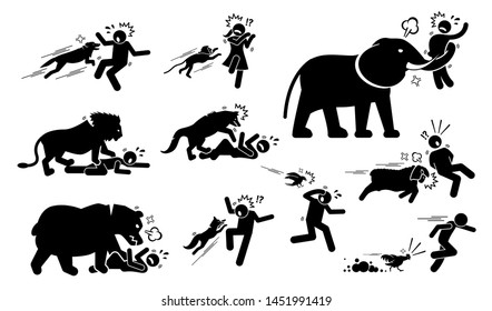 Animals Attack Human Icons Signs Symbol. Illustrations Depict Angry And Violent Dog, Monkey, Elephant, Lion, Wolf, Bear, Fox, Bird, Sheep, And Chicken Attack People When The Animals Felt Threatened. 