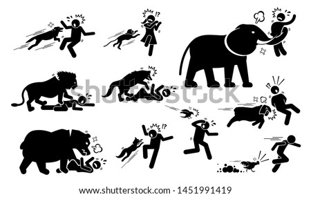 Animals attack human icons signs symbol. Illustrations depict angry and violent dog, monkey, elephant, lion, wolf, bear, fox, bird, sheep, and chicken attack people when the animals felt threatened. 