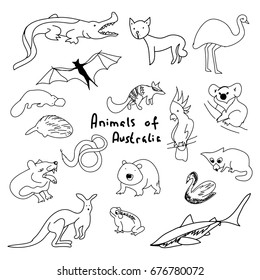 Animals of Australia (a set of simple drawings), cartoon animals, set of vector contours