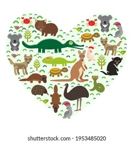 Animals Australia Collection: Echidna Platypus ostrich Emu Tasmanian devil Cockatoo parrot Wombat snake turtle crocodile kangaroo dingo. Green heart isolated on white background card banner. Vector