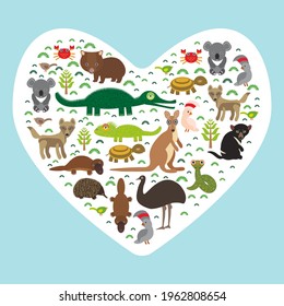 Animals Australia Collection: Echidna Platypus ostrich Emu Tasmanian devil Cockatoo parrot Wombat snake turtle crocodile kangaroo dingo. Green heart on blue background card banner. Vector