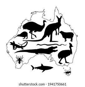 Animals from Australia collection vector silhouette. Australian map vector silhouette contour illustration isolated on white background. Continent symbol.