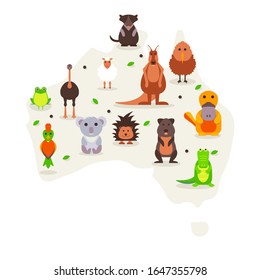 Animals of Australia, cute cartoon characters in flat style, vector illustration. Set of isolated funny animals, symbols of Australia. Kangaroo, koala, platypus, wombat and ostrich. Native wildlife