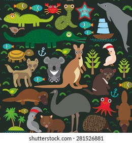 Animals Australia: Echidna Platypus ostrich Emu Tasmanian devil Cockatoo parrot Wombat snake turtle crocodile alliagtor kangaroo dingo octopus fish lizard.  Seamless pattern on dark background. Vector