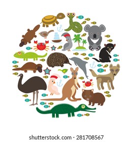 Animals Australia. Echidna Platypus ostrich Emu Tasmanian devil Cockatoo parrot Wombat snake turtle crocodile kangaroo dingo octopus fish. Vector illustration