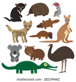 Animals Australia: Echidna Platypus ostrich Emu Tasmanian devil Cockatoo parrot Wombat snake turtle crocodile kangaroo dingo octopus fish Monitor lizard. Set on white background. Vector 