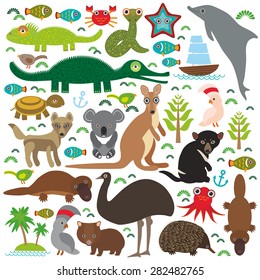 Animals Australia: Echidna Platypus ostrich Emu Tasmanian devil Cockatoo parrot Wombat snake turtle crocodile kangaroo dingo octopus fish Monitor lizard. Set on white background. Vector 