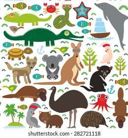 Animals Australia: Echidna Platypus ostrich Emu Tasmanian devil Cockatoo parrot Wombat snake turtle crocodile kangaroo dingo octopus fish. Seamless pattern on white background.  Vector illustration