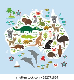 Animals Australia: Echidna Platypus ostrich Emu Tasmanian devil Cockatoo parrot Wombat snake turtle crocodile kangaroo dingo octopus fish Monitor lizard. Set on white background. Vector 