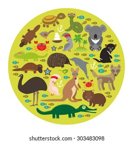 Animals Australia. Echidna Platypus ostrich Emu Tasmanian devil Cockatoo parrot Wombat snake turtle crocodile kangaroo dingo octopus fish. Vector