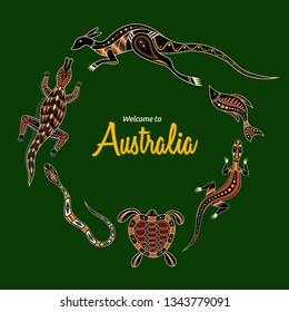 Animals of Australia. Kangaroo, llizard, crocodile, turtle, snake, fish. Aboriginal art style. Vector color illustration isolated on green background. Template for your design. Graphic print.