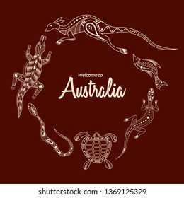 Animals of Australia. Kangaroo, llizard, crocodile, turtle, snake, fish. Aboriginal art style. Vector color illustration isolated on green background. Template for your design. Graphic print.