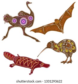 Animals Australia kiwi platypus flying Fox in the style of aboriginal drawing