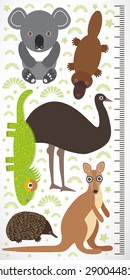 Animals Australia - koala kangaroo lizard platypus echidna emu. Children height meter wall sticker. Vector