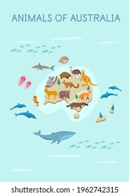 Animals of Australia map: kangaroo, koala, platypus, echidna, dingo dog, crocodile, turtle, fox, wombat, ostrich Emu.Flat cartoon illustration for kids.