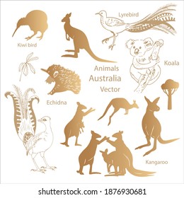 Animals of Australia, set of icons for design. Vector illustration, gold.