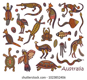 Animals Of Australia. Sketches in the style of Australian aborigines