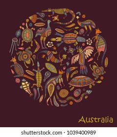 Animals Of Australia. Sketches in the style of Australian aborigines