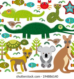 Animals Australia: snake, turtle, crocodile, kangaroo, dingo. Seamless pattern on a white background.  vector